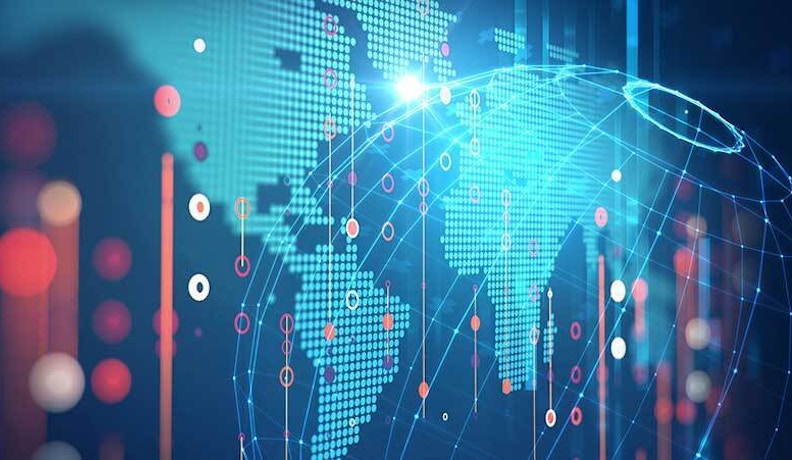 Global AI Integration in Modern Business Networks A digital globe and data points over a world map, symbolizing global business use of artificial intelligence and data networks.